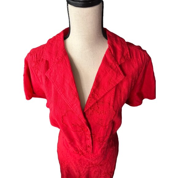 Lane Bryant Red Retro Shirt Dress Linen Rayon Red Red Embroidery Unlined 18W - Picture 2 of 7
